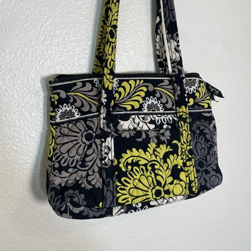 RETIRED Baroque‎ Vera Bradley Three-O Tote Bag Black, White, Yellow Floral